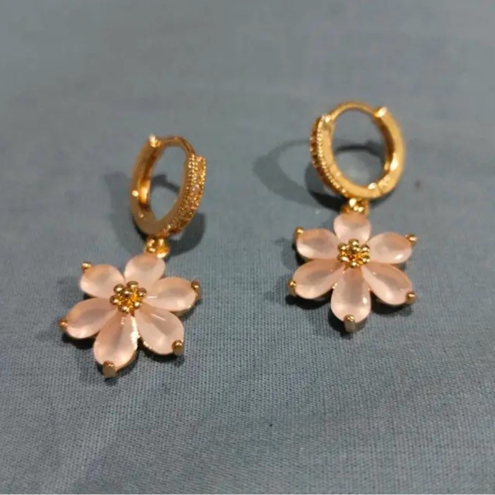 Pink CZ flower 14k gold plated huggie earrings. New. - Picture 6 of 9